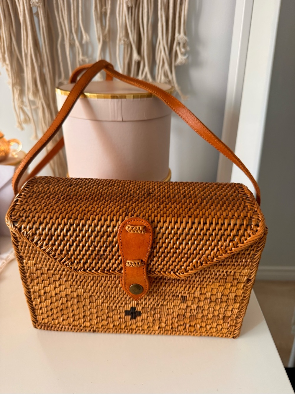 Woven Straw Shoulder Bag in Tan